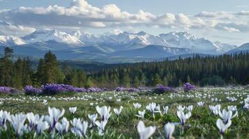 ai generiert Dort ist ein endlos Meer von Weiß Krokusse Blühen auf Grün Wiese im Vorderseite von schneebedeckt Berge foto