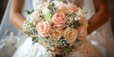 ai generiert ein Braut ist fotografiert halten ein Strauß von Sanft Rosa und Weiß Rosen. das zart Blumen Kontrast schön gegen ihr Weiß Kleid, Hinzufügen ein berühren von Eleganz zu ihr Hochzeit Kleidung foto