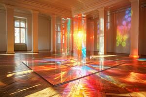 ai generiert lebendig Regenbogen Licht Muster tanzen über das hölzern Fußboden von ein Zimmer, erstellt durch Sonnenlicht Filtern durch farbig Glas Fenster foto