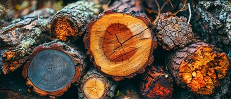 ai generiert Nahansicht Aussicht von gestapelt Holz Protokolle, Hervorheben das kompliziert Muster von Baum Ringe und Texturen foto