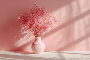 ai generiert ein zart und modern Blumen- Komposition im ein Vase, mit ein mischen von getrocknet Blumen im Sanft Pastell- Schattierungen, Erstellen ein heiter und künstlerisch Atmosphäre mit subtil Schatten foto