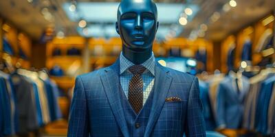 ai generiert ein Mannequin ist angezeigt im ein Geschäft Fenster, gekleidet im ein tailliert Blau passen und binden. das formal Kleidung Vitrinen das Stil und Raffinesse von Herren Mode foto
