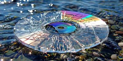 ai generiert ein gebrochen CD Lügen unter Kieselsteine auf das Ufer, es ist Oberfläche reflektieren das Sonnenlicht im ein Spektrum von Farben gegen das Wasser foto