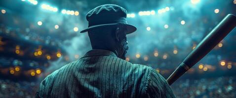 ai generiert ein Mann gekleidet im formal Kleidung Stehen beim Zuhause Teller im ein Stadion, halten ein Baseball Schläger foto