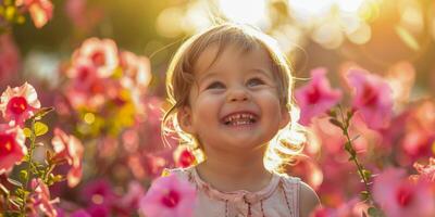 ai generiert ein Kleinkind Mädchen lacht freudig, umgeben durch beschwingt Rosa Blüten, mit das golden Sonnenlicht verbessern ihr unschuldig Freude foto