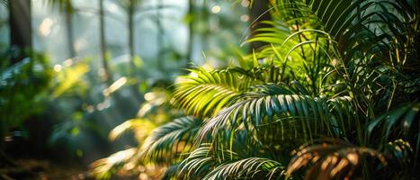 ai generiert tauchen du selber im das beschwingt Schönheit von ein tropisch Paradies mit diese fesselnd Bild von üppig Palme Blätter foto