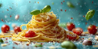 ai generiert ein Teller gefüllt mit ein Stapel von Spaghetti Nudeln gekrönt mit frisch Tomaten und Basilikum Blätter. foto