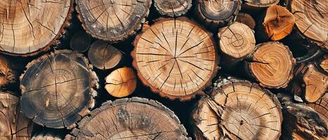ai generiert Nahansicht Aussicht von gestapelt Holz Protokolle, Hervorheben das kompliziert Muster von Baum Ringe und Texturen. foto