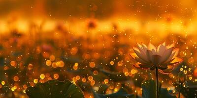 ai generiert das heiter Schönheit von ein Lotus Teich beim Sonnenaufgang, mit zart Blumen aalen im das golden glühen von das Morgen und Wasser Tröpfchen schimmernd mögen Juwelen foto