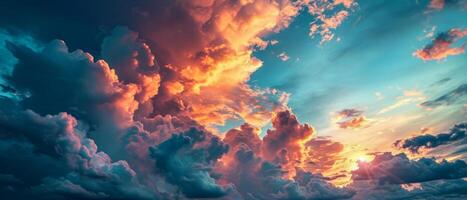 ai generiert dramatisch Sonnenuntergang Wolkenlandschaft mit beschwingt Farben. ein atemberaubend Aussicht von Kumulus Wolken beleuchtet durch ein beschwingt Sonnenuntergang foto