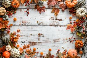 ai generiert Miniatur Kürbisse vermischen mit Herbst Blätter und Beeren auf ein rustikal Weiß hölzern Hintergrund, hervorrufen das Wesen von fallen foto