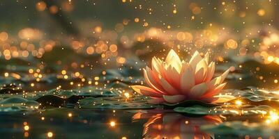 ai generiert ein heiter Lotus Teich beim Sonnenaufgang, mit ein Rosa Lotus im voll blühen mit Tau Tropfen, neben ein Knospung Blume und ein Lilie Pad, alle glitzernd unter das golden Sonnenlicht foto