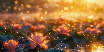 ai generiert das heiter Schönheit von ein Lotus Teich beim Sonnenaufgang, mit zart Blumen aalen im das golden glühen von das Morgen und Wasser Tröpfchen schimmernd mögen Juwelen foto