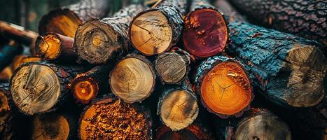 ai generiert ein beschwingt Stapel von frisch Schnitt Brennholz Protokolle Anzeigen ein Spektrum von Farben und detailliert Holz Korn Texturen foto