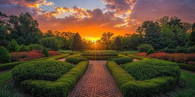 ai generiert das Sonne ist Rahmen im das Himmel, Gießen ein warm golden Licht Über ein gepflegt Garten gefüllt mit bunt Blumen und üppig Grün. foto