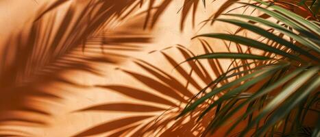 ai generiert das Zusammenspiel von Licht und Schatten von tropisch Palme Blätter schafft ein künstlerisch Muster auf ein warm, texturiert Mauer foto