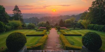 ai generiert das Sonne ist Rahmen im das Himmel, Gießen ein warm golden Licht Über ein gepflegt Garten gefüllt mit bunt Blumen und üppig Grün. foto