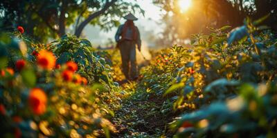 ai generiert Farmer Sprühen organisch Pestizide im Blume Garten. Arbeiter im schützend Ausrüstung sorgfältig neigt zu beschwingt blüht beim Sonnenuntergang foto