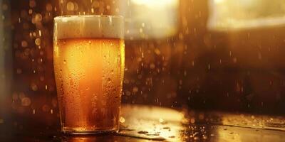 ai generiert diese Foto erfasst ein gemütlich Taverne Szene mit zwei Brille von Bier platziert auf oben von ein hölzern Bar Zähler