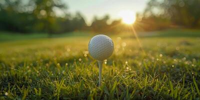 ai generiert ein makellos Weiß Golf Ball ist gezapft oben auf ein beschwingt Grün, mit das zuerst Licht von Dämmerung Gießen ein warm glühen Über das friedlich Kurs foto