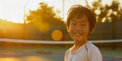 ai generiert ein heiter jung asiatisch Junge ist lächelnd wie er genießt spielen Tennis draußen auf ein sonnig Tag. foto