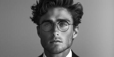 ai generiert diese einfarbig Foto erfasst ein jung Mann gekleidet im ein passen und binden, ergänzt durch stilvoll Brille. er strahlt aus Professionalität und Raffinesse im diese Porträt