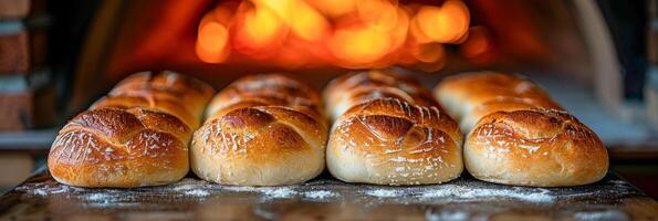 ai generiert ein Gruppe von frisch gebacken handwerklich Brot mit rustikal knisterte Krusten sind gesehen Sitzung im Vorderseite von ein warm Feuer, Kühlung runter. foto