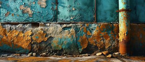 ai generiert ein alt Mauer mit Peeling Schichten von Farbe im verschiedene Farben, Anzeigen ein texturiert Oberfläche. Peeling Farbe auf ein alt Metall Mauer foto