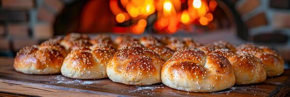 ai generiert ein Gruppe von frisch gebacken handwerklich Brot mit rustikal knisterte Krusten sind gesehen Sitzung im Vorderseite von ein warm Feuer, Kühlung runter. foto