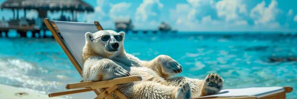 ai generiert ein Polar- Bär ist gesehen Sitzung im ein Stuhl auf ein sandig Strand. das Bär erscheint entspannt und komfortabel im das ungewöhnlich Rahmen foto
