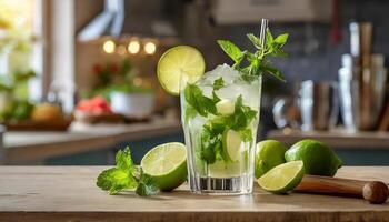 ai generiert erfrischend Mojito im das Küche Tabelle mit Limette foto