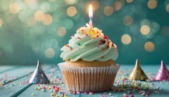 ai generiert köstlich Cupcake auf Pastell- Grün Hintergrund zum Geburtstag Feier foto