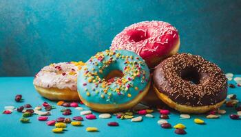 ai generiert Foto von bunt glasiert Donuts mit ein hell Blau Hintergrund