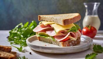 ai generiert Frühstück Schinken und Käse Sandwich foto