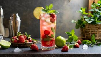 ai generiert Erdbeere Mojito mit Erdbeeren und Blätter foto