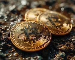 ai generiert Bitcoin Gold Münzen. virtuell Kryptowährung Konzept foto