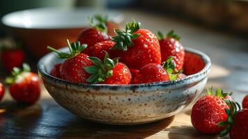 ai generiert Schüssel mit frisch Erdbeeren Früchte foto