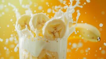 ai generiert Spritzen von Milchshake mit explodiert Banane Scheiben inmitten Milch spritzt foto