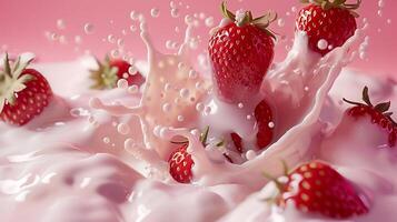 ai generiert Milch Spritzen mit Erdbeeren isoliert auf Rosa Hintergrund foto