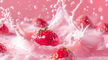 ai generiert Milch Spritzen mit Erdbeeren isoliert auf Rosa Hintergrund foto