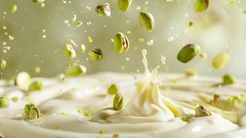 ai generiert Pistazien fallen in Weiß Milch auf ein Licht Grün Hintergrund foto