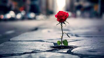 ai generiert blühen im das Stadt, rot Rose wachsend aus von Beton Pflaster auf Stadt Straße, generativ ai foto