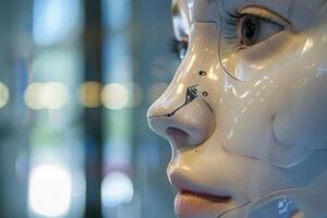 ai generiert ein Humanoid Roboter Gesicht gefangen im Detail, präsentieren das Überschneidung von Technologie und lebensecht Design. foto