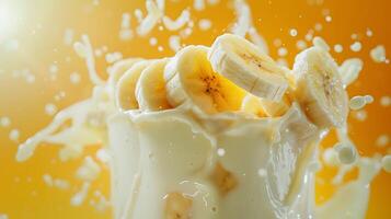 ai generiert Spritzen von Milchshake mit explodiert Banane Scheiben inmitten Milch spritzt foto