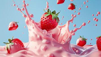 ai generiert Rosa Milch Spritzen mit Erdbeeren isoliert auf Blau Hintergrund foto