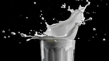 ai generiert Milch oder Weiß Flüssigkeit Spritzen isoliert auf schwarz Hintergrund foto