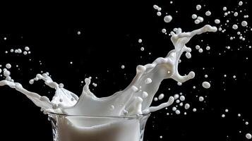 ai generiert Milch oder Weiß Flüssigkeit Spritzen isoliert auf schwarz Hintergrund foto