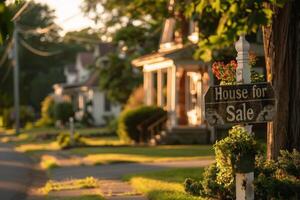 ai generiert ein Haus zum Verkauf Zeichen steht prominent auf ein Wohn Straße umgeben durch üppig Grün. foto
