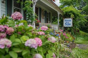 ai generiert ein beschwingt Haus zum Verkauf Zeichen steht inmitten schön Blumen, Angebot ein malerisch Rahmen zum Potenzial Käufer zu erkunden. foto