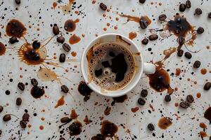 ai generiert ein visuell anregend Szene entfaltet sich wie ein dämpfen Tasse von Kaffee sitzt inmitten ein Meer von Kaffee Bohnen auf ein Tisch. foto